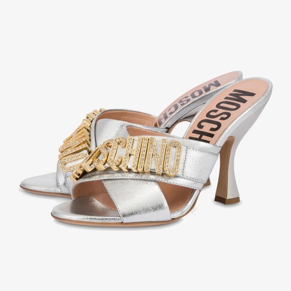 Moschino Silver Leather Logo Chain Heeled Mules
